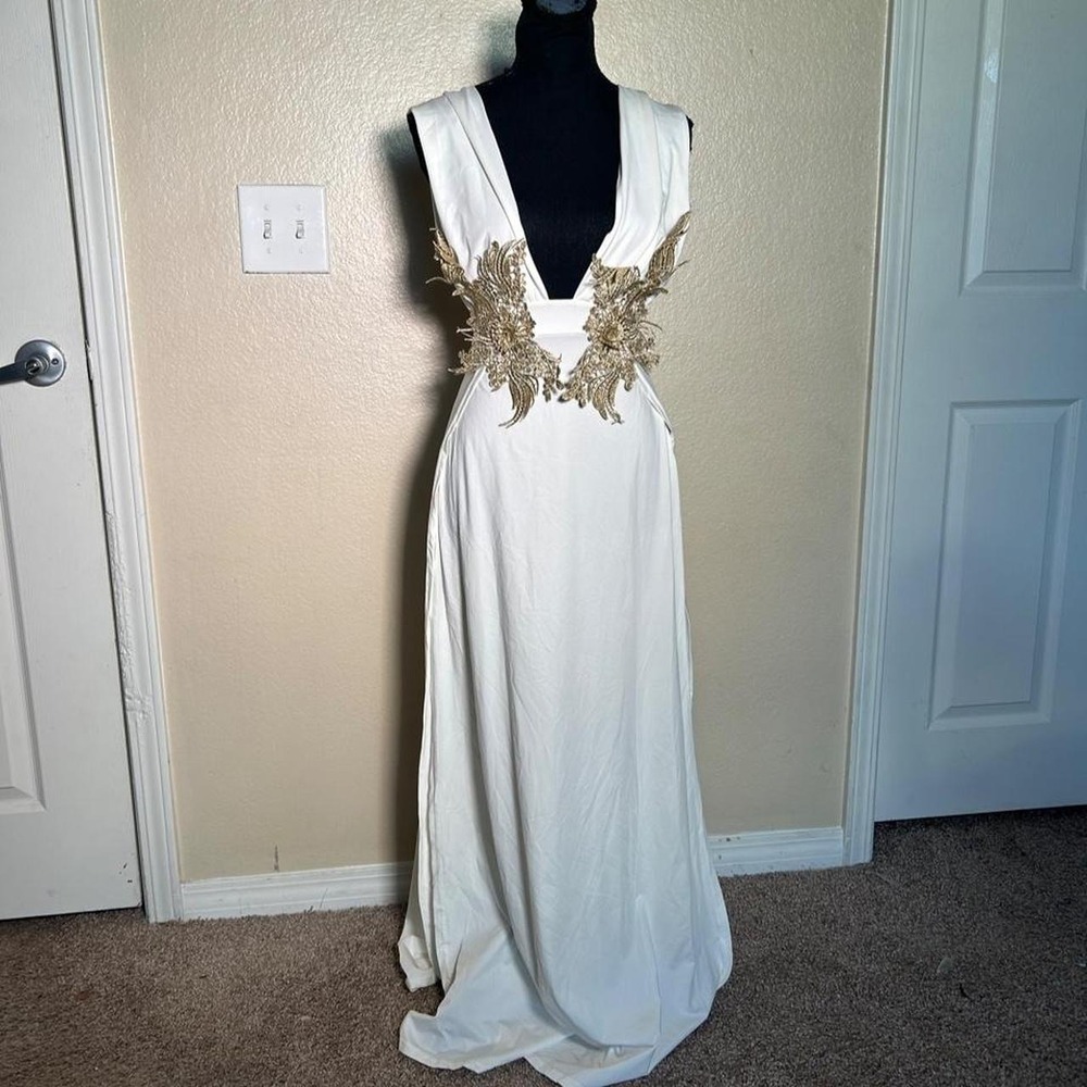 Vintage Y2K White Gold Embroidered Gypsy Maxi Dress Deep V Neck Goddess Boho M